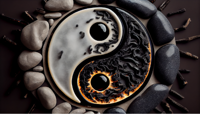 symbol du ying-yang entouré de cailloux